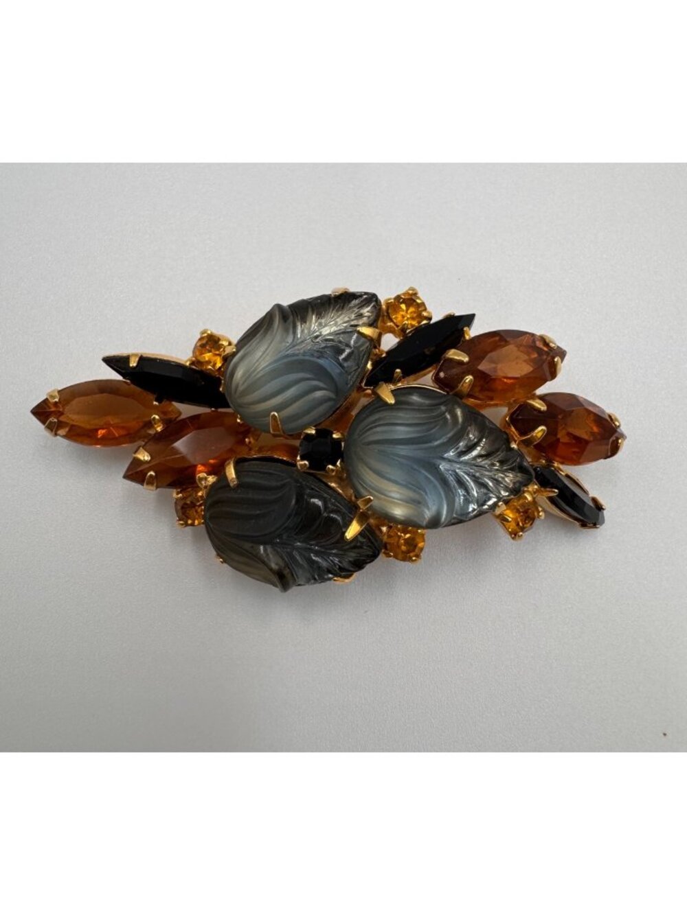 Vintage Molded Glass Leaf Brooch Smoky Blue Amber Black Rhinestone Statement